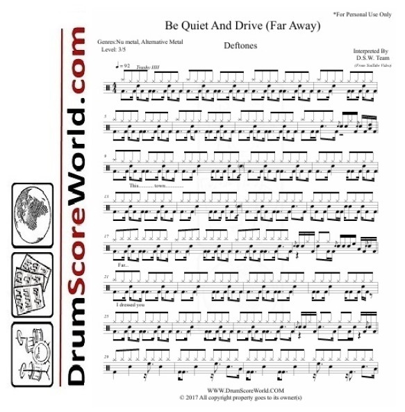 Deftones – Be Quiet and Drive (Far Away) - Drum Sheet + Play-Along Track